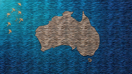 Map design features an embossed outline of Australia and nearby Oceania islands highlighted against a textured blue background representing ocean waves.の素材
