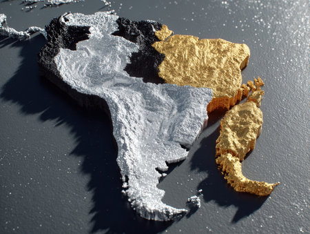 A textured metallic representation of the American continent showcases silver gold and black areas as an artistic interpretation of geography and landforms.の素材