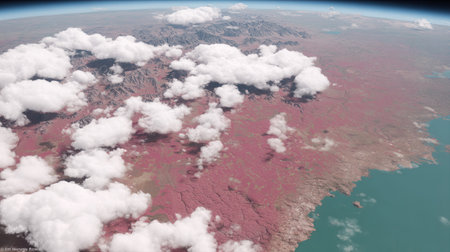 Expansive desert terrain across the American continent reveals vibrant red soil rocky formations distant mountain ranges and fluffy white clouds.の素材
