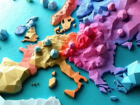 Brightly colored low poly art depicts the European continent featuring a mix of geometric shapes and polygons that reflect a modern artistic interpretation of this region.の素材