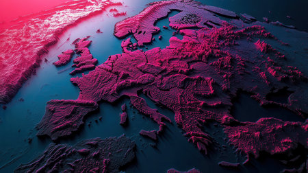 Vivid abstract design showcases the European continent with detailed textures and fluid shapes capturing the essence of its diverse geography during a twilight setting.の素材
