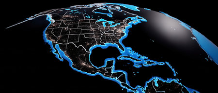 The American continent is displayed with visible geographic borders and city lights set against a contrasting black background showing North and Central America.の素材