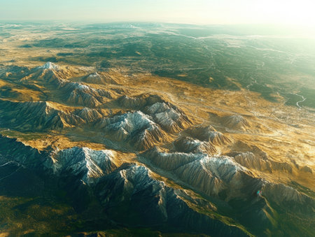 Expansive rocky terrain dramatic features mountain ranges with snow-capped peaks deep valleys and rolling hills under bright daylight in an untouched natural setting.の素材