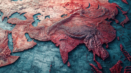 The embossed metallic representation highlights the diverse topography of Asia capturing mountain ranges rivers and other geographical features in striking detail.の素材