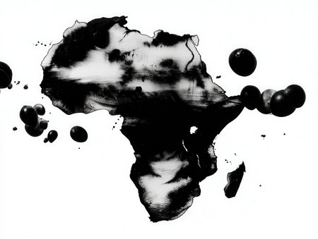This artwork features an abstract view of the African continent created with black ink splatters highlighting creativity and artistic expression in its design.の素材