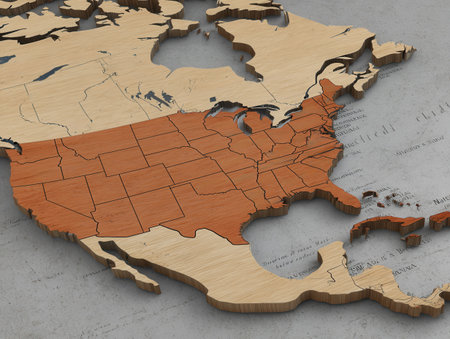 A carved wooden map of the American continent displays various regions with distinct textures and colors highlighting geographic boundaries and features.の素材