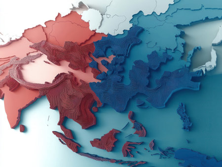 Detailed depiction of the Asian continent using paper cut techniques with rich textures in red and blue highlighting different regions and boundaries.の素材