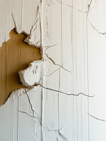 view of a cracked matte white plaster wall revealing artistic elements with a warm brown patch highlighting wear and character in a contemporary setting.の素材