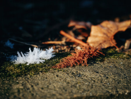 Frost crystals form intricate designs on a surface next to brown leaves showing the beauty of winter's chill during the early hours of the day.の素材