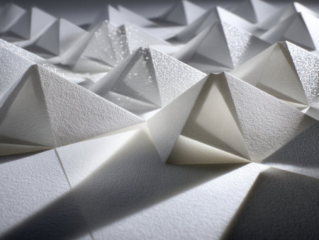 Delicate folds of white paper form a captivating scene resembling a mountain range demonstrating the beauty of origami artistry play of light and shadows.の素材