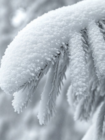 Snow clings to pine needles creating a soft white layer in a tranquil forest scene. Winter transforms the landscape into a stunning white wonderland.の素材