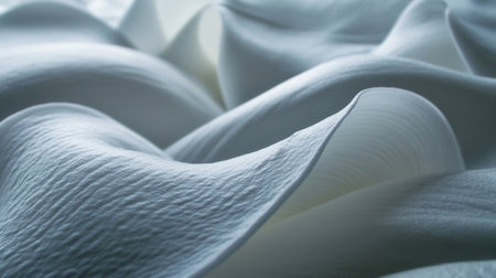Soft white lily petals overlap forming gentle curves and textures that evoke a sense of calmness in the bright sunlight of a tranquil garden.の素材