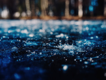 Winter sunlight glistens on a frozen lake surface showing the clear blue ice and scattered ice fragments surrounded by blurred trees in the background.の素材