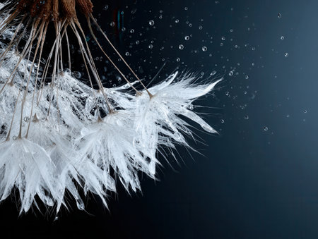 Close view of white dandelion seeds showcasing intricate texture and details with water droplets highlighting their fragile beauty against a dark backdropの素材