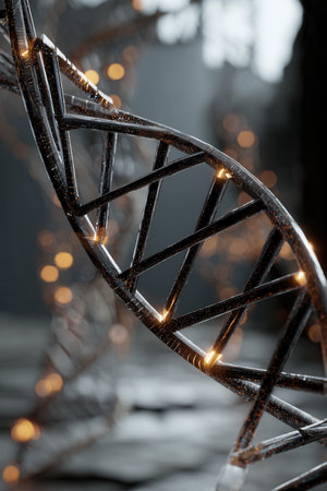 Visual representation of a DNA strand captures energy flowing through its structure with glowing segments suggesting a connection between genetics and vibrant life energy.の素材