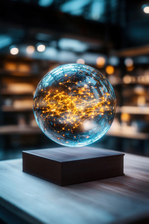 A transparent digital sphere showing a molecule with glowing connections floats above a wooden base in a contemporary environment highlighting scientific innovation.の素材