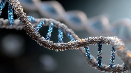 Soft blue light highlights a detailed chain revealing intricate molecular structures in a dark ethereal setting creating a captivating visual effect.の素材