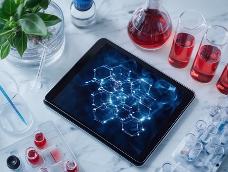 A modern lab desk features chemical reagents a tablet with molecular structures red solutions in glassware and a potted plant.の素材