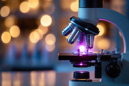 Bright light reflects off the lens of a microscope showing intricate details as it stands prominently in a blurred lab environment filled with colors.の素材