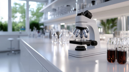 In a bright medical laboratory various microscopes and glassware are neatly organized on smooth countertops. Sunlight streams through large windows enhancing the workspace.の素材