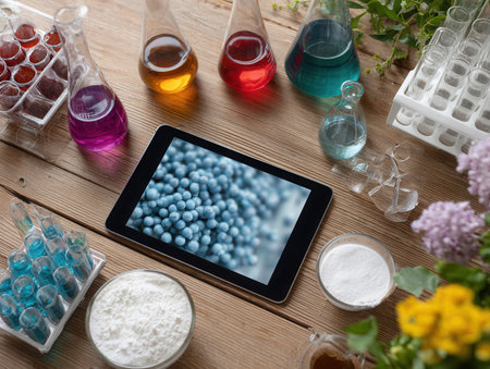 Laboratory desk showcases colorful chemical reagents in glass containers alongside an electronic device with a close-up image. Various glassware and materials are present.の素材