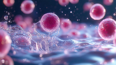 Detailed visual of microcells interacting in liquid highlighting the photorealistic effects of movement and reflections in water during a vibrant scene.の素材