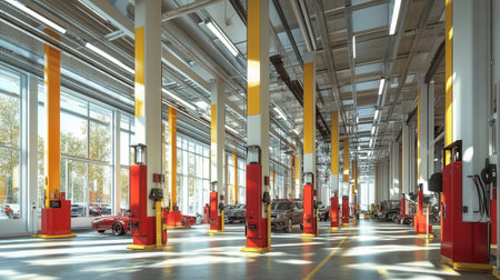 Bright interior of an auto service hall filled with several service bays various vehicles parked and ample natural light coming through large windows.の素材