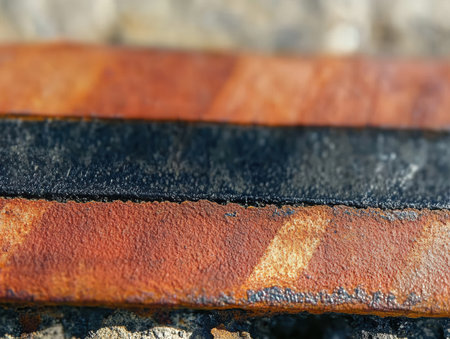 Intricate rust patterns are visible on metal surfaces showing the impact of weathering and age. The close-up reveals a blend of colors and textures.の素材