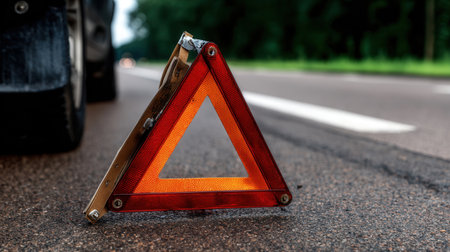 A warning triangle stands on the asphalt road signaling a potential vehicle breakdown or emergency. The surrounding area features lush greenery.の素材