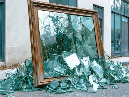 A broken car mirror lies on cracked pavement surrounded by shattered glass suggesting a recent vehicle collision in an urban setting during the day.の素材