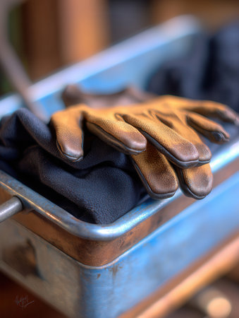 Greasy mechanics gloves are stacked neatly in a metal container reflecting a hard day's work in a busy workshop environment during the afternoon hours.の素材