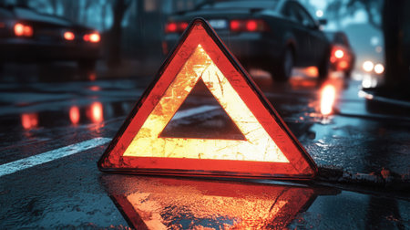A warning triangle stands out as it reflects headlights on a wet city street at night signaling caution for drivers in the rain.の素材