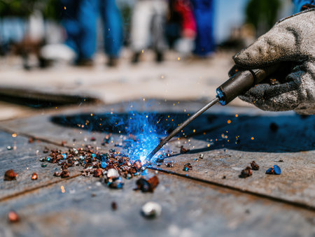 Detailed view of an electric welding arc emitting bright blue sparks and molten metal on a steel surface highlighting skilled craftsmanship in metalworking.の素材