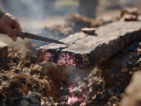 reveals the unique patterns and colors of a welding seam with glowing hot edges as a craftsman works meticulously in a workshop environment.の素材