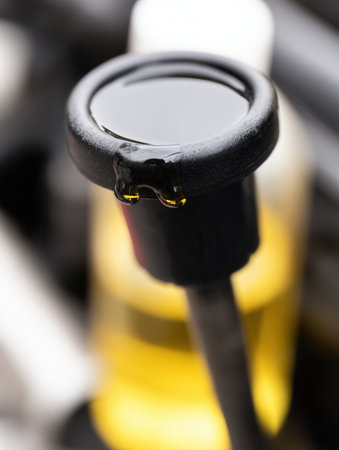 Close-up shows a car engine oil dipstick with brown oil indicating the oil level during a vehicle maintenance task ensuring optimal engine performance.の素材