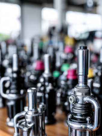 Detailed close-up of various car engine parts on a workbench highlighting the shiny metal surfaces and complexity of the components in a repair spaceの素材