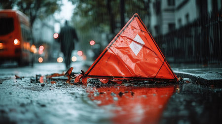 Debris from an accident lies on a wet street with a bright reflective warning triangle signaling danger. The scene is dimly lit with blurred city lights in the background.の素材
