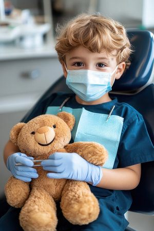 Old boy dressed as a dentist smiles while holding a teddy bear in a dental chair. He wears gloves and a mask while waiting for his turn in a clinic.の素材