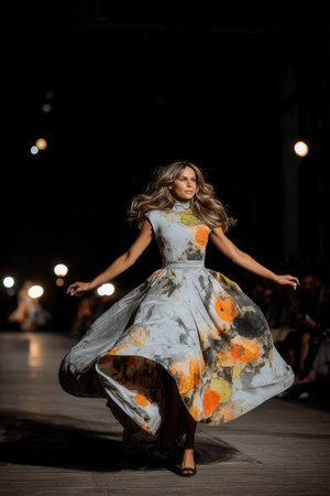 A model is twirling gracefully in a floral couture dress on a runway at a fashion show. The setting is dimly lit with a crowd watching attentively.の素材