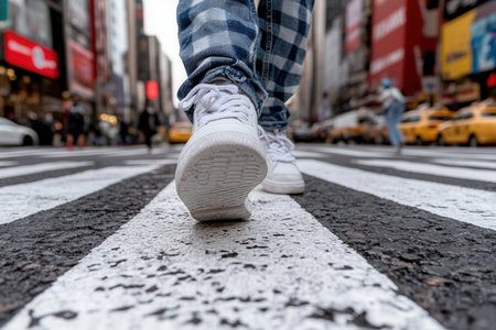 A person walks on a zebra crossing in a busy city. The streets are filled with tall buildings and yellow taxis. The sun is out and many people are around.の素材