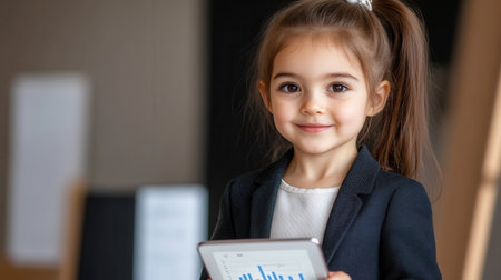 Girl with a neat ponytail wears a blazer and smiles while holding a tablet in a bright office. It is daytime and the surroundings are simple and modern.の素材