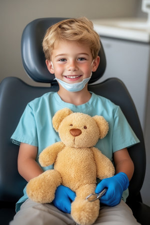 Boy dressed as a dentist sits in a dental chair wearing gloves and a mask. He smiles while holding a teddy bear in a dental clinic during a check-up.の素材