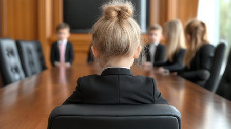 Several individuals in formal office suits are seated at a large conference table in an office. They appear to be engaged in discussion or planning.の素材