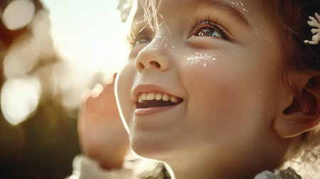 child smiles brightly close-up showing rosy cheeks and sparkling eyes while enjoying the warmth sunny day amidst flowers in a joyful outdoor setting.の素材