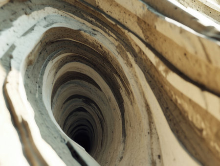 Layers of concrete form a dome shape with a unique spiral design showing smooth curves and earthy tones in a captivating architectural detail.の素材