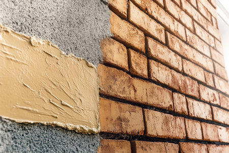 Skilled worker uses trowel to apply plaster on a masonry wall during renovation focusing on the smooth finish and texture of the surfaceの素材