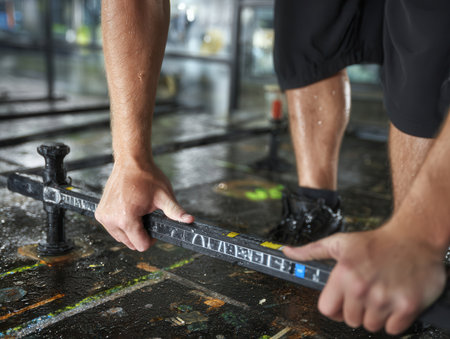 Construction worker uses a long level bar to smooth wet screed on a freshly poured surface at a building site capturing early morning light.の素材