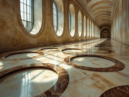 A beautifully designed interior showcases a symmetrical view of a suspended ceiling.の素材