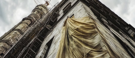 Renovation work is taking place on a high-rise building with scaffolding around it. A large protective covering hangs against a backdrop of a cloudy sky.の素材
