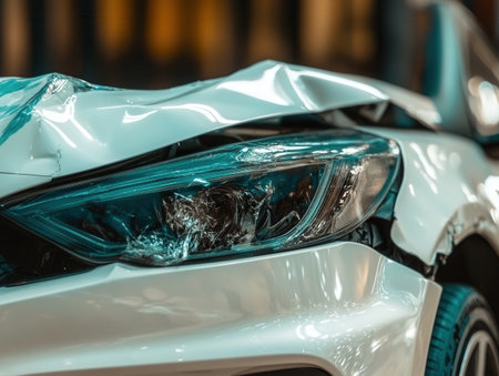 A car parked in a garage shows a severely damaged front bumper with deep dents and cracks. The light reflects off the broken headlight indicating impact.の素材